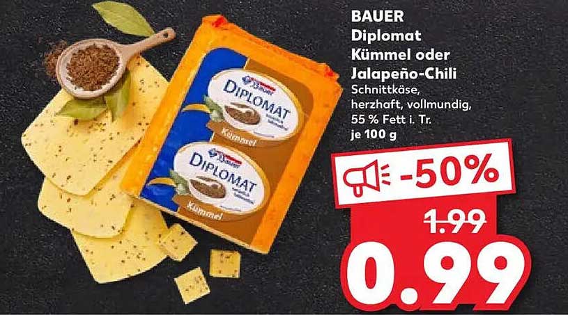 BAUER Diplomat Kümmel oder Jalapeño-Chili Schnittkäse, 55 % Fett i. Tr.