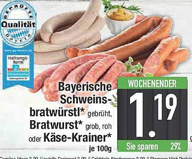 Bayerische Schweinsbratwürstl, Bratwurst oder Käse-Krainer – je 100g