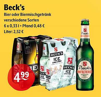 Beck's Bier oder Biermischgetränk, verschiedene Sorten, 6 x 0,33 l