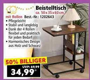 Beistelltisch mit Rollen - 50 x 35 x 60 cm