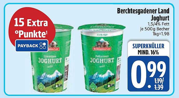 Berchtesgadener Land Joghurt 1,5%/4% Fett je 500g Becher