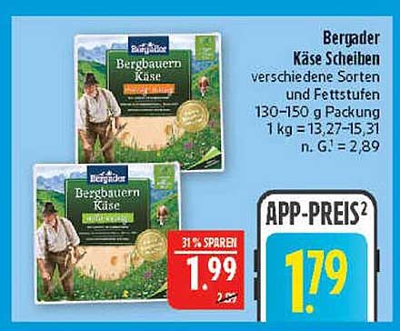 Bergader Käse Scheiben verschiedene Sorten und Fettstufen