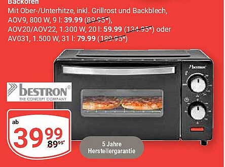 Bestron Backofen mit Ober-/Unterhitze, inkl. Grillrost und Backblech
