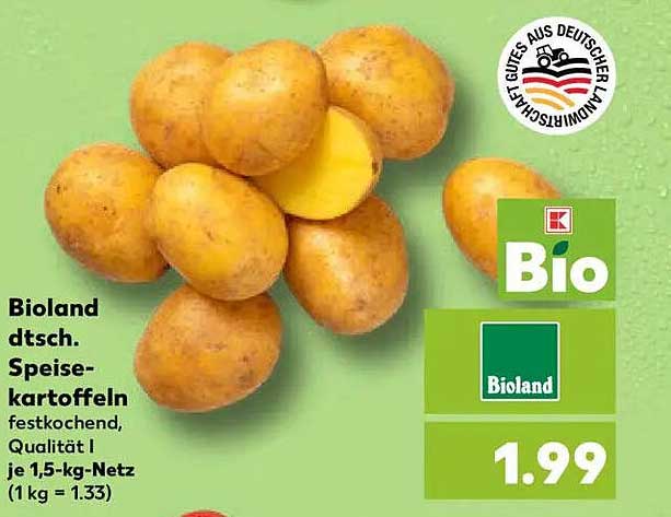 Bioland deutsche Speisekartoffeln festkochend, Qualität I je 1,5-kg-Netz