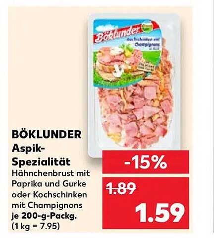 BÖKLUNDER Aspik-Spezialität Hähnchenbrust mit Paprika und Gurke oder Kochschinken mit Champignons je 200-g-Packung
