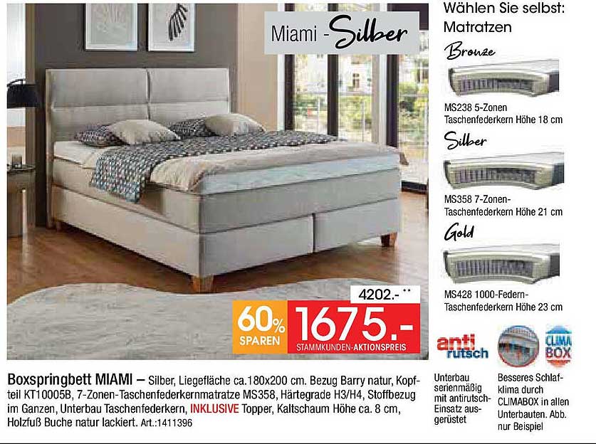 Boxspringbett MIAMI – Silber, Liegefläche ca. 180x200 cm