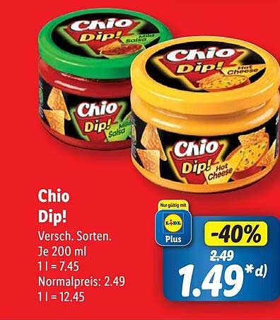 Chio Dip! Verschiedene Sorten – Hot Cheese und Mild Salsa