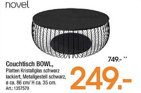 Couchtisch BOWL, Platten Kristallglas schwarz lackiert, Metallgestell schwarz, Ø ca. 86 cm / H ca. 35 cm.
