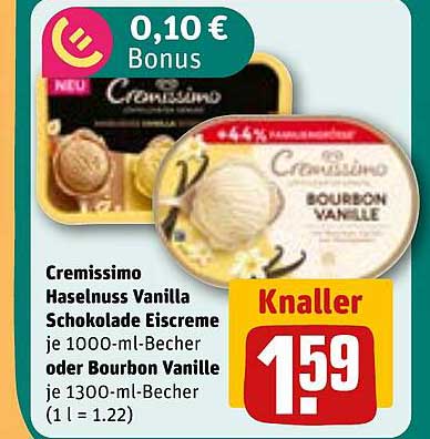 Cremissimo Haselnuss Vanille Schokolade Eiscreme je 1000-ml-Becher oder Bourbon Vanille je 1300-ml-Becher