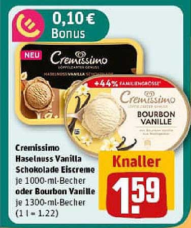 Cremissimo Haselnuss Vanille Schokolade Eiscreme je 1000-ml-Becher oder Bourbon Vanille je 1300-ml-Becher