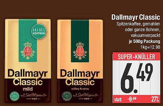 Dallmayr Classic - Spitzenkaffee, gemahlen oder ganze Bohnen, vakuumverpackt, je 500g Packung