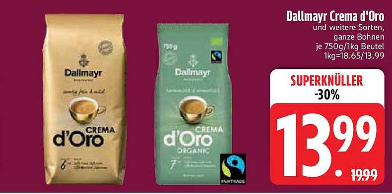 Dallmayr Crema d'Oro - 30% Rabatt auf ganze Bohnen
