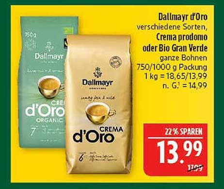 Dallmayr d'Oro verschiedene Sorten, Crema prodomo oder Bio Gran Verde ganze Bohnen 750/1000 g Packung