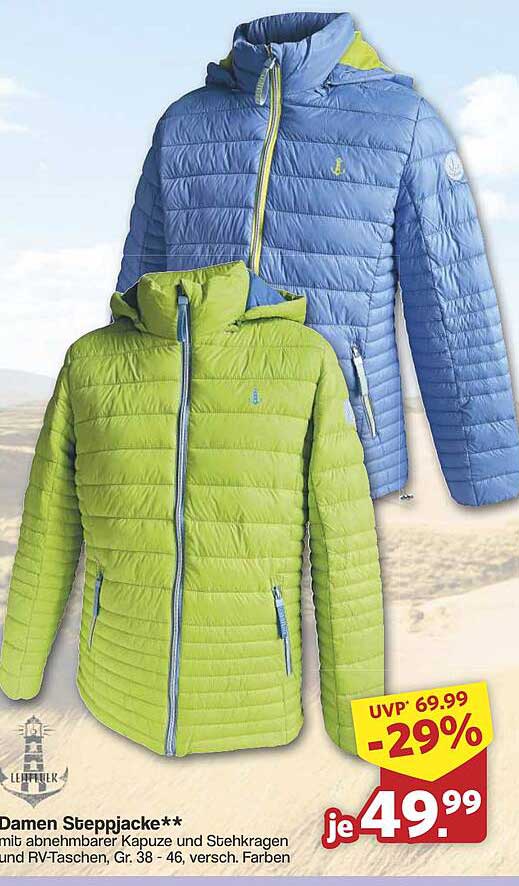 Damen Steppjacke mit abnehmbarer Kapuze und Stehkragen