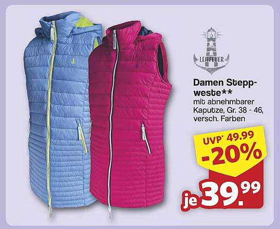 Damen Steppweste mit abnehmbarer Kapuze, Gr. 38 - 46, verschiedene Farben