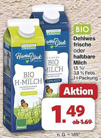 Dehlwes frische oder halbfette BIO H-Milch 1,5 %/3,8 % Fett, 1 l-Packung