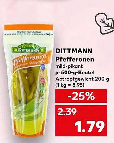 DITTMANN Pfefferonen mild-pikant je 500-g-Beutel Abtropfgewicht 200 g (1 kg = 8.95)