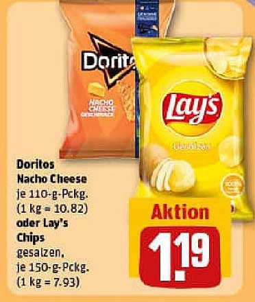 Doritos Nacho Cheese 110 g oder Lay's Chips gesalzen 150 g