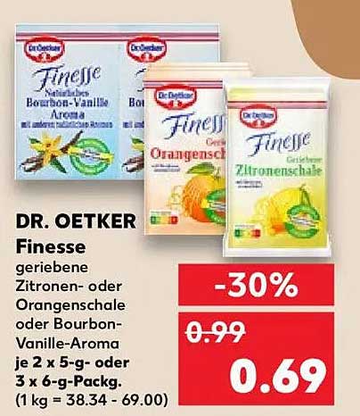 Dr. Oetker Finesse geriebene Zitronen- oder Orangenschale oder Bourbon-Vanille-Aroma 30% günstiger