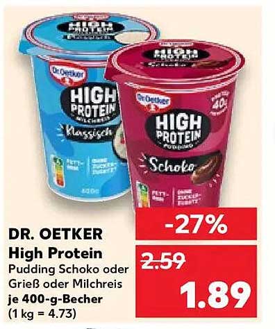 DR. OETKER High Protein Pudding Schoko oder Grieß oder Milchreis je 400-g-Becher