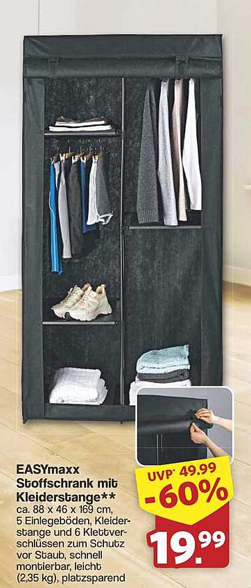 EASYmaxx Stoffschrank mit Kleiderstange - nur 19,99 € statt 49,99 € -60% Rabatt