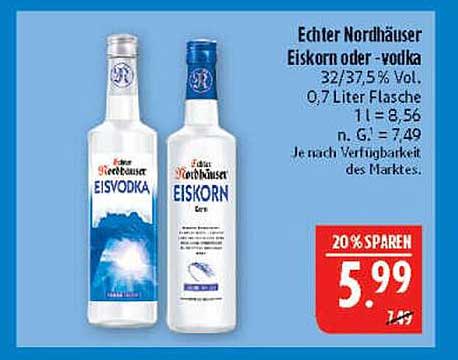 Echter Nordhäuser Eiskorn oder Vodka 0,7 Liter Flasche