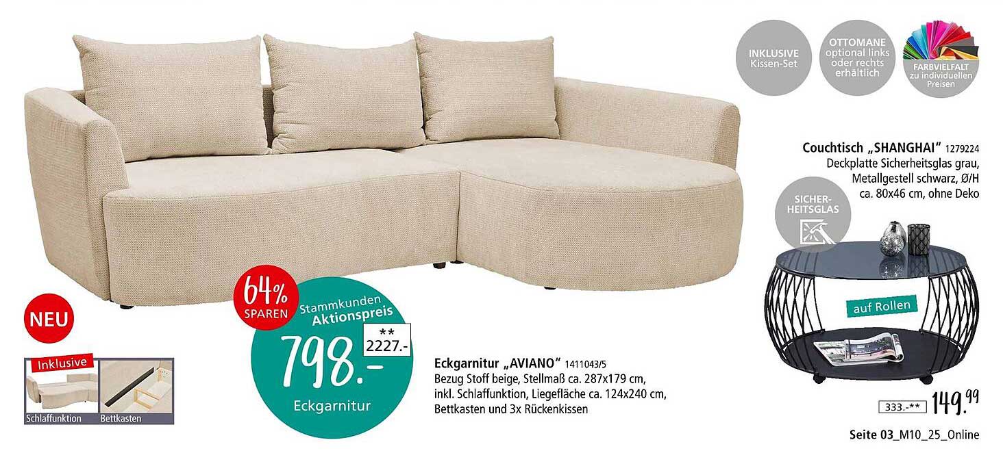 Eckgarnitur „AVIANO“ mit Schlaffunktion und Bettkasten