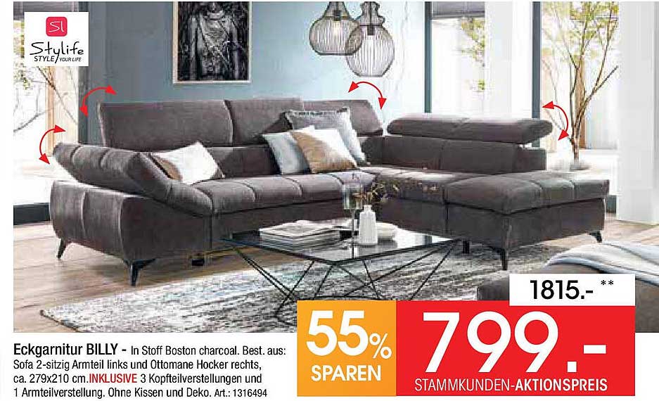 Eckgarnitur BILLY - In Stoff Boston charcoal
