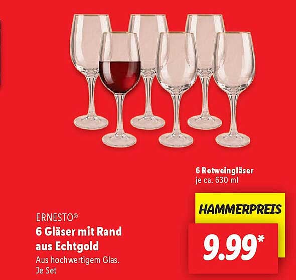ERNESTO® 6 Gläser mit Rand aus Echtgold