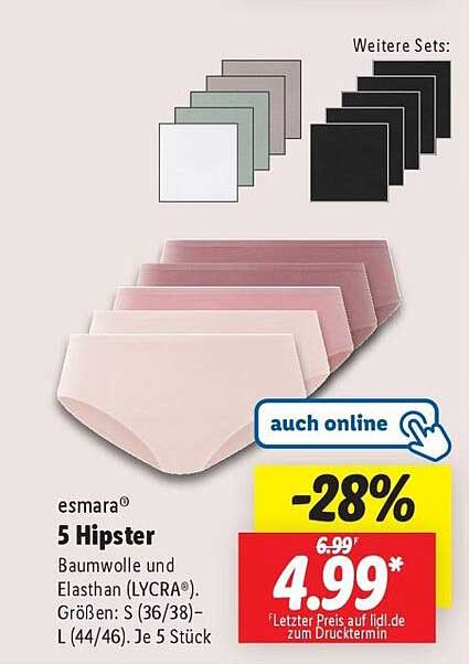 esmarà® 5 Hipster - Baumwolle und Elasthan (LYCRA®), Größen: S (36/38) - L (44/46)