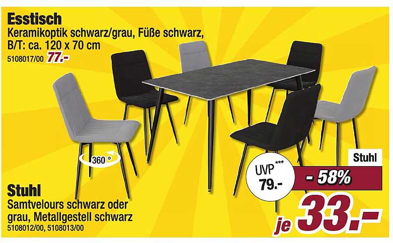 Esstisch Keramikoptik schwarz/grau mit Stühlen