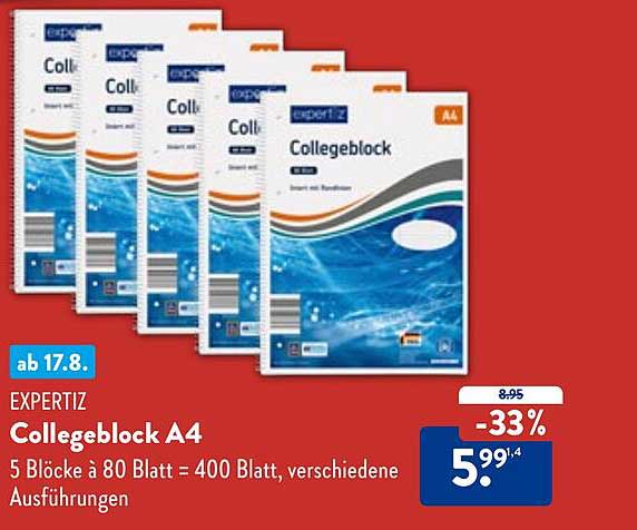 EXPERTIZ Collegeblock A4 - 5 Blöcke à 80 Blatt für nur 5,99€