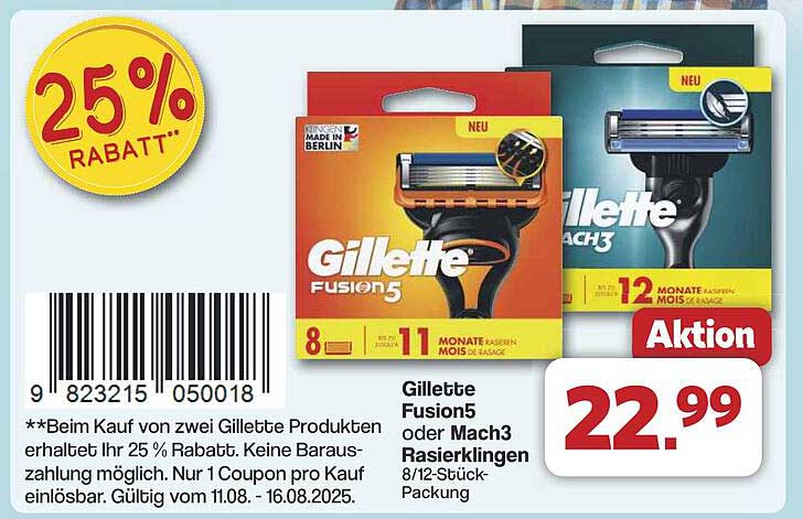 Gillette Fusion5 oder Mach3 Rasierklingen 8/12-Stück-Packung