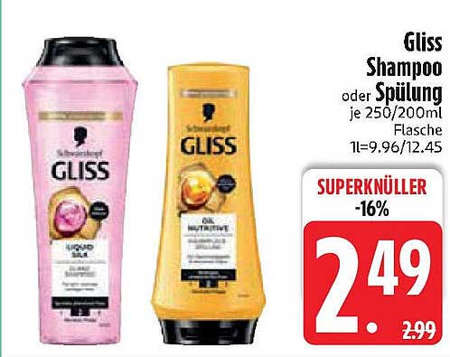 Gliss Shampoo oder Spülung je 250/200ml Flasche