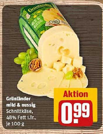 Grünländer mild & nussig Schnittkäse, 48% Fett i.Tr., je 100 g