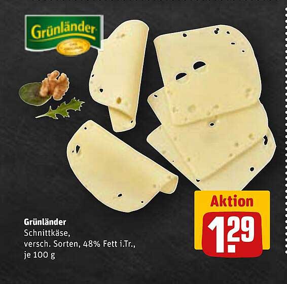 Grünländer Schnittkäse, versch. Sorten, 48% Fett i.Tr., je 100 g