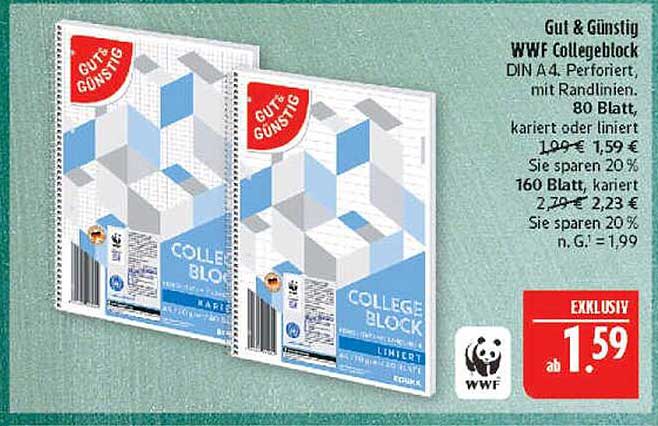 Gut & Günstig WWF Collegeblock A4 - 80 Blatt, karriert oder liniert