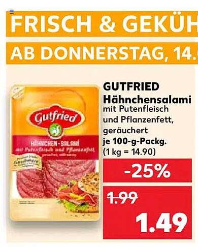 GUTFRIED Hähnchensalami mit Putenfleisch und Pflanzenfett, geräuchert je 100-g-Pack.