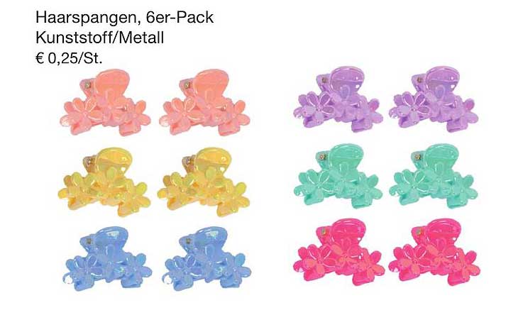 Haarspangen, 6er-Pack - Kunststoffe/Metall