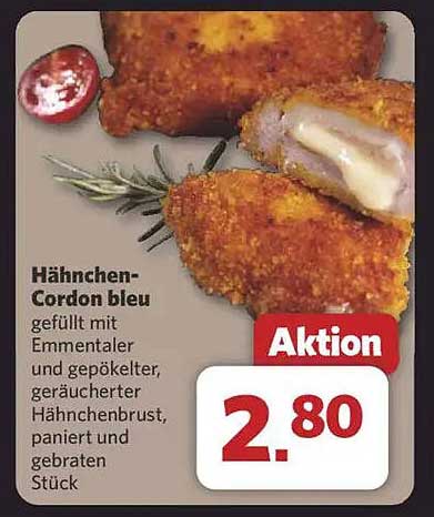 Hähnchen-Cordon bleu gefüllt mit Emmentaler und gepökelter, geräucherter Hähnchenbrust