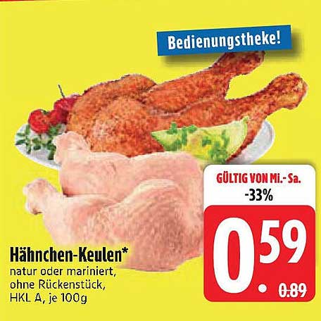 Hähnchen-Keulen* natur oder mariniert, ohne Rückenstück, HKL A, je 100g