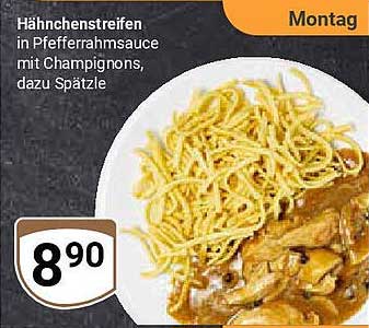 Hähnchenstreifen in Pfefferrahmsauce mit Champignons, dazu Spätzle