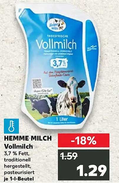 HEMME MILCH Vollmilch 3,7% Fett, traditionell hergestellt, pasteurisiert 1 l Beutel