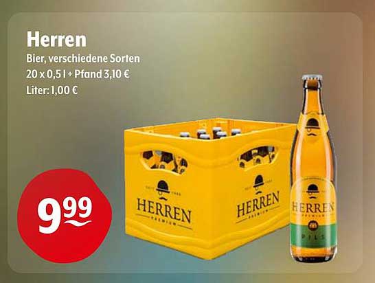 Herren Bier, verschiedene Sorten 20 x 0,5 l + Pfand 3,10 €