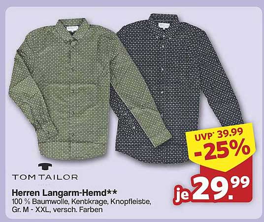 Herren Langarm-Hemd von Tom Tailor - 100 % Baumwolle, Kentkragen, Knopfleiste, Gr. M - XXL, versch. Farben