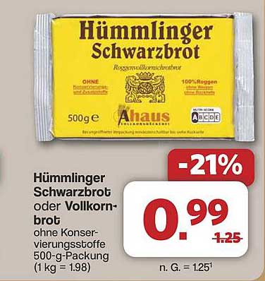 Hümmlinger Schwarzbrot oder Vollkornbrot 500-g-Packung