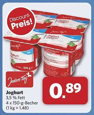 Joghurt 3,5 % Fett, 4 x 150-g-Becher