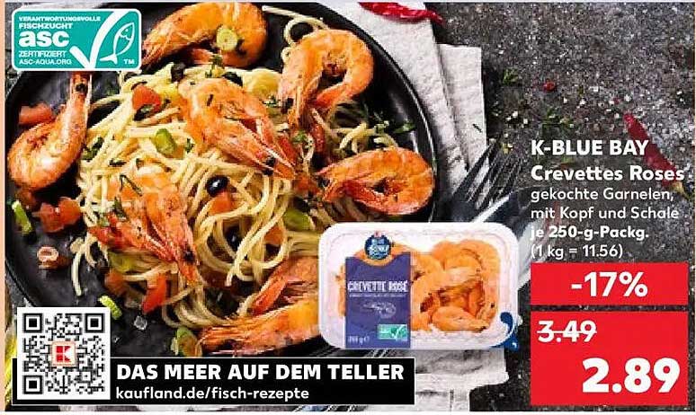 K-BLUE BAY Crevettes Roses gekochte Garnelen mit Kopf und Schale 250-g-Pack.