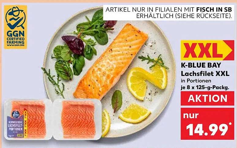 K-BLUE BAY Lachsfilet XXL in Portionen je 8 x 125-g-Pack.