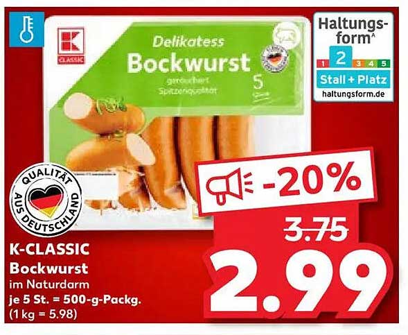 K-CLASSIC Bockwurst im Naturdarm, 500 g Packung